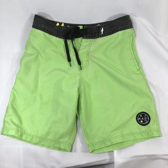 Men's MAUI & SONS Board Shorts Size 28 Swim Trunks Drawstring Tie Green Swimming - Picture 1 of 12